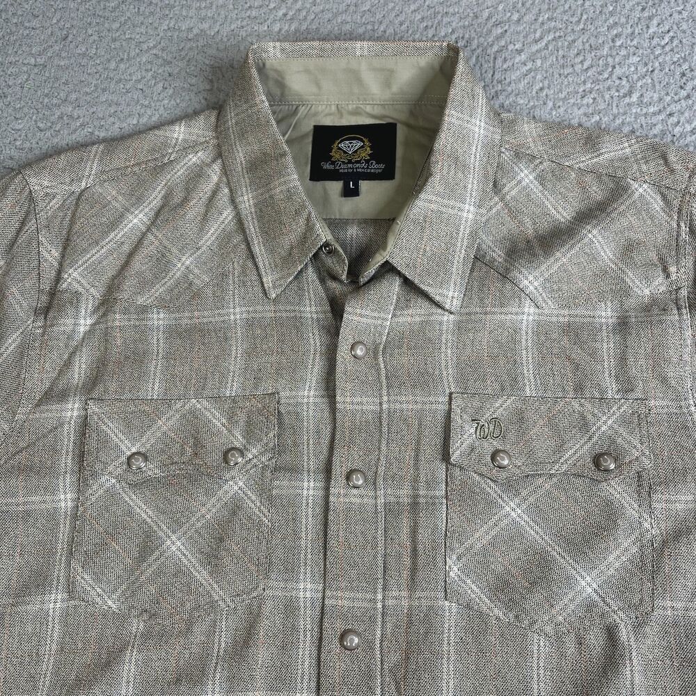WHITE DIAMONDS Boots Shirt Mens L Khaki Pearl Snap Cowboy Rodeo Western